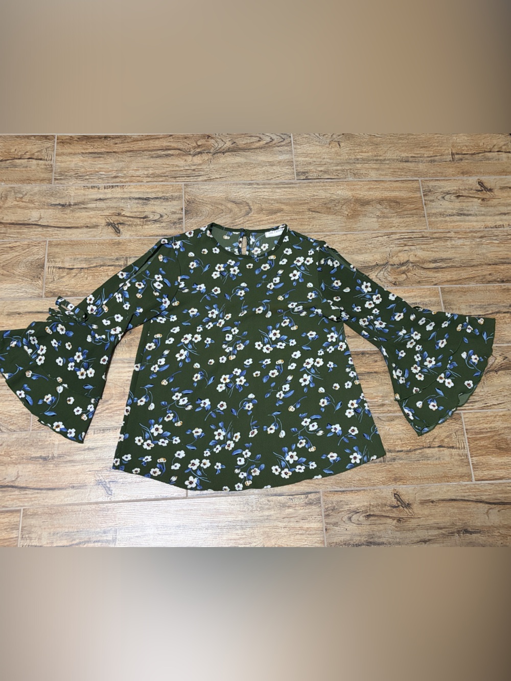 Floral Bell-Sleeve Blouse - Olive Green